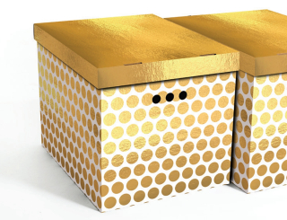 Dekorativní krabice zlaté/bílé tečky XL úložný box, velikost 42x32x32cm 